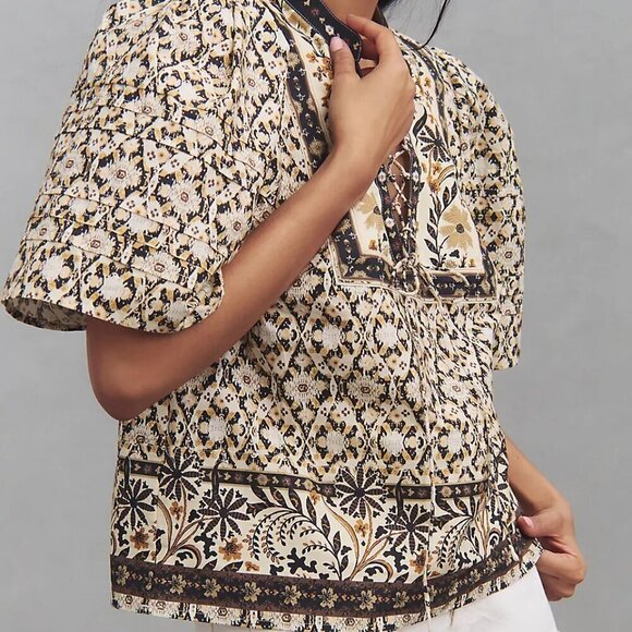 NWT By Anthropologie Pleated Puff-Sleeve Cotton Brown Ethnic Blouse Sz. XXS P - Picture 2 of 6